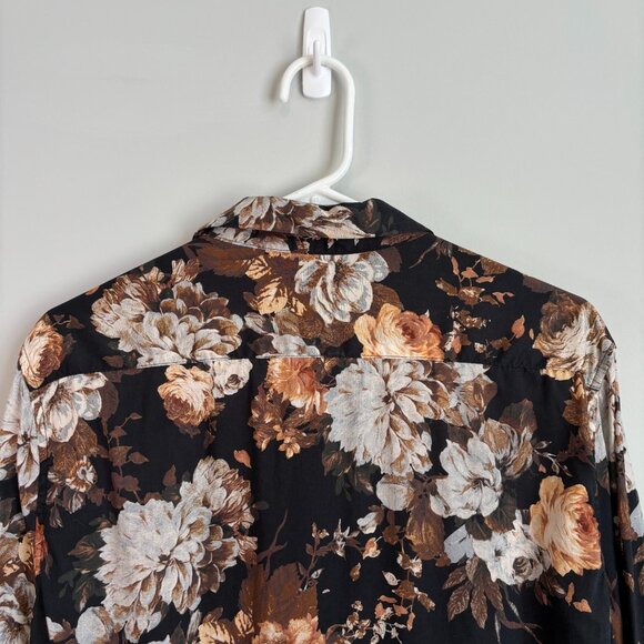 H&M Men's Size Large Button Down Bold Floral Print Black Brown Vintage Vibes - Picture 8 of 10